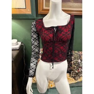 Popular 21 Red Black Floral Lace Crop Top Long Sleeve Goth Grunge Womens Medium